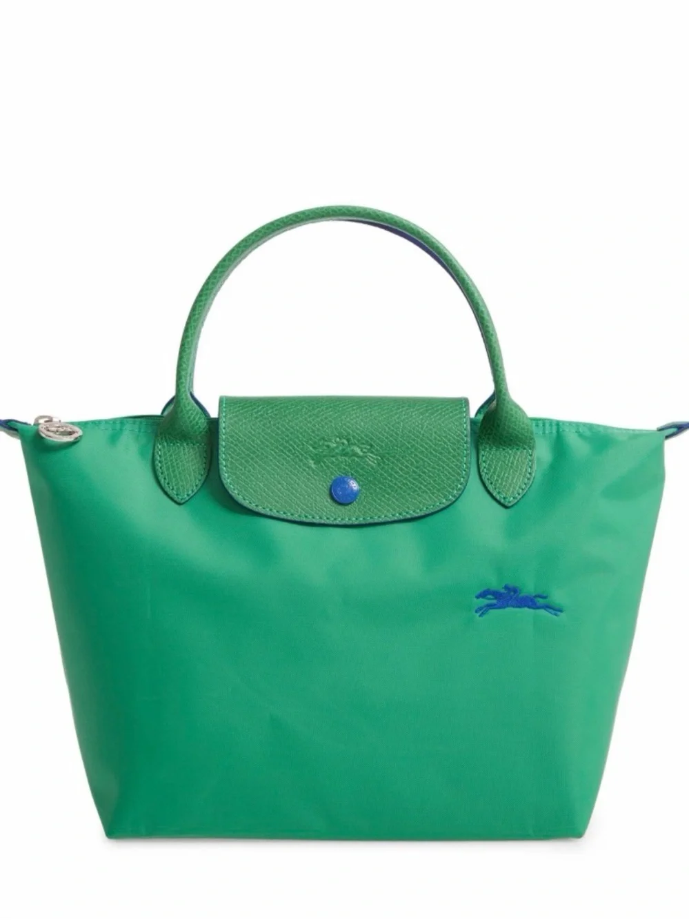 Longchamp green nylon top-handle tote with blue logo